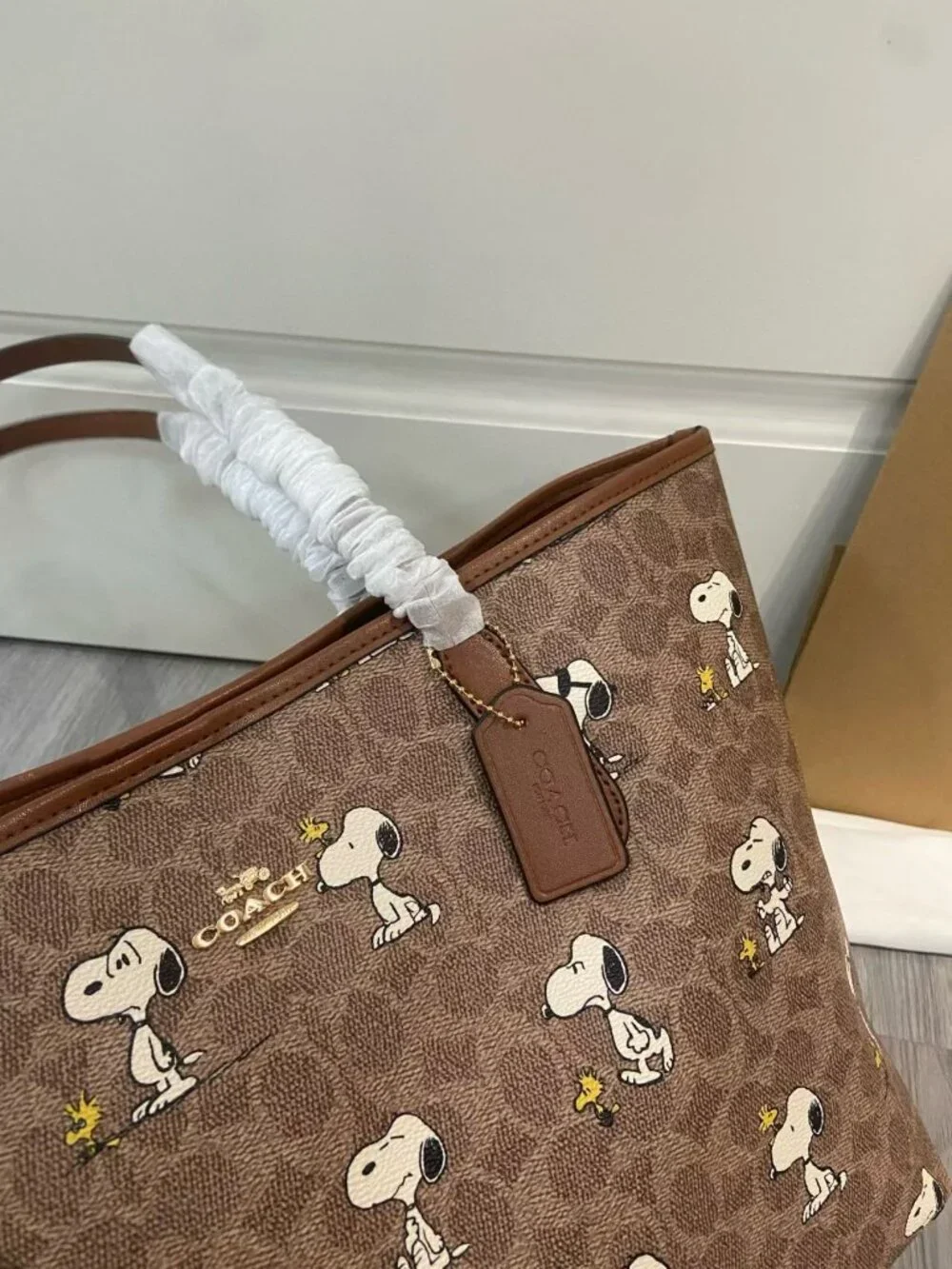 Coach Brown Signature Monogram Snoopy Print Large Shoulder Tote